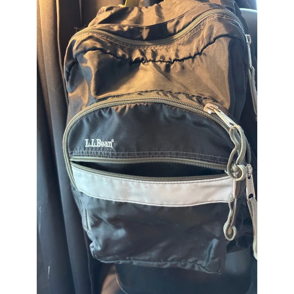 LL Bean Backpack Black Olive Green Reflective Daypack School Travel Bag